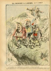 Ilustração de Achille Lemot (1846-1909) em Le Pèlerin, 08/09/07 - Marcha para o abismo - Social, antimaçonaria, maçonaria, exército, patriotismo, cego - Émile Zola, Jean Jaurès - Cego