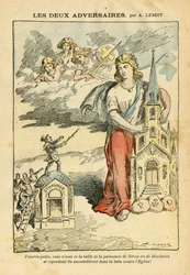 Ilustração de Achille Lemot (1846-1909) em Le Pelerin, 09/09/06 - Os dois adversários - Antisemitismo, Fé religiosa, Bandeira de três cores, Igrejas católicas, Sinagoga, Catolicismo - Alegoria, Mudança de Escala