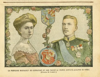 Ilustração de Achille Lemot (1846-1909) em Le Pelerin, 21/05/05/05 - Princesa Margaret de Connaught e seu noivo Príncipe Gustave-Adolphe da Suécia - Monarquia, Medalha, Soberano Estrangeiro, Suécia - De Connaught Margaret (1882-1920), Gustave IV Adolphe da
