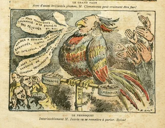 Ilustração de Achille Lemot (1846-1909) em Le Pèlerin, 26/01/08 - O grande pavão - Greve, socialismo, Carmaux, Humanité (jornal) - Jean Jaurès, papagaio