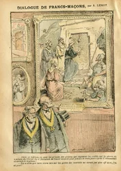 Ilustração de Achille Lemot (1846-1909) em Le Pèlerin, 31/03/07 - Diálogo de maçons - Arte, antimaçonaria, maçonaria, religião, fé, catolicismo - Separação entre a Igreja e o Estado, inventários/reacções aos inventários