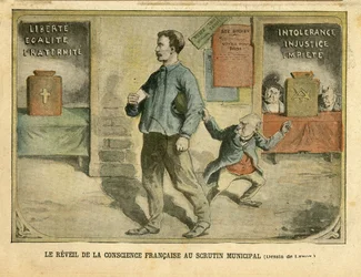 Ilustração de Achille Lemot (1846-1909) em Le Pelerin, 01/05/04 - Le awakening de la conscience francaise au vote municipal - Elections, Religion Faith, Bloc des lefts, Catholicism Catholique - Laicisation Laicite Lois laiques - Combes Emile (1835-1921)