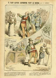 Ilustração de Achille Lemot (1846-1909) em Le Pèlerin, 03/09/05 - É preciso saber contentar toda a gente - Anticlericalismo, antimaçonaria, religião e fé, medalha, Bloco das Esquerdas, catolicismo - Expulsões de religiosos, laicização