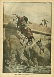 Ilustração de Achille Lemot (1846-1909) em Le Pelerin, 05/05/07 - Em Cannes, o automóvel do Sr. Liegard cai ao mar - Factos diversos, Automóvel, Marinha marítima, Catástrofes acidentais