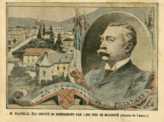 Ilustração de Achille Lemot (1846-1909) em Le Pelerin, 07/02/04 - M. Flayelle, eleito deputado do Remiremont por 1200 votos majoritários - Elections, Alsace Lorraine, Chambre des deputes Hemicycle, Patriotisme, Frontières, Remiremont, Vosges - Depute, Flay
