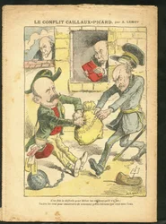 Ilustração de Achille Lemot (1846-1909) em Le Pelerin, 07/03/09 - O Conflito Caillaux-Picard - Tributação, Imposto de Renda - Combes Emile (1835-1921), Clemenceau George, Caillaux Joseph (1863-1944)