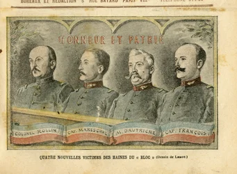 Ilustração de Achille Lemot (1846-1909) em Le Pelerin, 20/11/04 - Quatro novas vítimas dos ódios do Bloco - Armee, Affaire des fiche, Patriotisme - Coronel de Rollin, capitão de Mareschal, Dautriche, capitão de François
