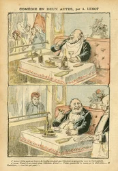 Ilustração de Achille Lemot (1846-1909) em Le Pelerin, 22/05/04 - Comédia em dois atos - Restaurante Cafés, Gastronomia, Socialismo - Boys de café, Trufa - Gordo/limpo