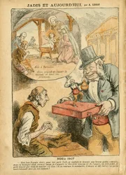 Ilustração de Achille Lemot (1846-1909) em Le Pelerin, 22/12/07 - Antigo e Hoje - Aposentadoria dos Aposentados, Antiparlamentarismo, Fé Religiosa, Noel, Câmara dos Deputados Hemiciclo dos Deputados, Quinze mil, Indenizações Parlamentares, Católico Católic