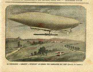 Ilustração de Achille Lemot (1846-1909) em Le Pelerin, 26/11/05 - O dirigível "Lebaudy" evoluindo sobre a zona rural oriental - Campanha, Aeronave Balões zeppelins aerostation, Lebaudy