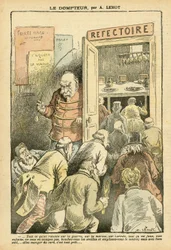 Ilustração de Achille Lemot (1846-1909) em Le Pelerin, 27/03/04 - O domador - Restaurante Cafés, Cozinheiro Gastronômico - Combes Emile (1835-1921), Tamer - Metáfora Alimentar