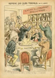 Ilustração de Achille Lemot (1846-1909) em Le Pelerin, 27/10/07 - Retomada do trabalho árduo - Antiparlamentarismo, Cafés Restaurantes, Câmara dos Deputos Hemiciclo, Bloco das esquerdas, Placa au beurre - Depute - Metaphore alimentaire