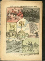 Ilustração de Achille Lemot (1846-1909) em Le Pelerin, 28/02/09 - A situação em cores - Religião Fé, Marinha marítima, Ateísmo, Acidentes, Desastres Naturais, Cruz Cristã, Catolicismo Católico - Bezerro de Ouro