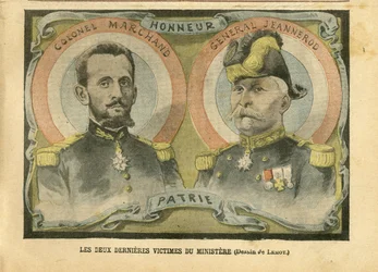 Ilustração de Achille Lemot (1846-1909) em Le Pelerin, 29/05/04 - As duas últimas vítimas do ministério - Armee, Ministere de la guerre, Patriotisme - Laicisation Laicite Lois laiques - Marchand Jean-Baptiste (1863-1924), General Generaux, Jeannerod Gaspa