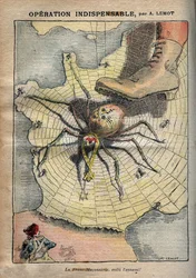 Operação indispensável - Maçonaria, eis o inimigo! - caricatura de Achille Lemot em «Le Pèlerin», de abril de 1907