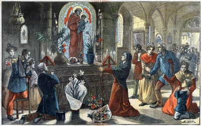 A devoção a Santo António de Pádua reúne diante do seu altar todas as classes da sociedade - Ilustração de Achille Lemot em "Le-Pelerin" de 1896