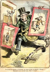 Os resultados: um aluno de liceu suicida-se em Clermont, outro em Bourg: resultados da moral sem Deus na escola! - caricatura de Achille Lemot (1846-1909) em Le Pèlerin (1909) - oposição entre ensino laico e religioso (católico) - um funcionário da