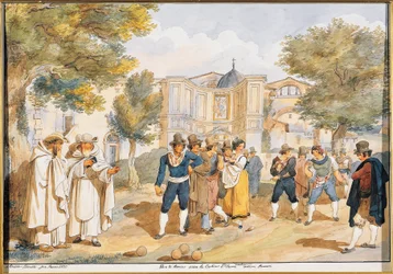 Jogando bocha em Santa Maria degli Angeli em Roma, Achille Pinelli (1809-1841), Itália
