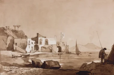 Porto voando a bandeira Borbone com o Vesúvio para o sul, com acréscimos por uma pupila Borbone (lápis, tinta sépia e guache sobre papel)