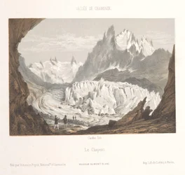 Zicht op de gletsjer Mer-de-Glace bij Les Bois en Les Tines
Claciers des Bois, de Les Tines (título sobre o objecto)
Herinnering aan Chamonix-Mont-Blanc (título da série)
Museum du Mont-Blanc (título da série)