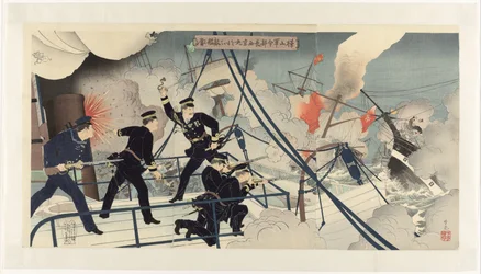 Kabayama, chefe do comando naval, ataca um navio inimigo com o Seikyô Maru Kabayama gunreibuchô Seikyô Maru o motte tekikan ni ataru (título do objeto)