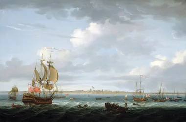 Navegação ao largo de Madras (Índia), com uma descrição do porto e da cidade e a bandeira britânica hasteada sobre o Forte Saint George, que evoca o aumento das dificuldades na Índia para o Império Britânico