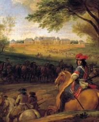 Chegada do Rei Luís XIV (1638-1715) precede os guarda-costas em vista do antigo castelo de Versalhes em 1669 Pintura de Adam Franz Van der Meulen (1632-1690) Por volta de 1669 Sol. 0,56x0,56 m