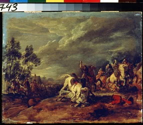 Batalha. Uma batalha. Pintando Adam Frans van der Meulen (1632-1690). Óleo sobre madeira. Arte flamenga, estilo barroco. Museu Pushkin de Belas Artes, Moscou.