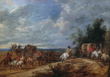 Brigands atacando comboio de carruagens, pintura de Adam Frans van der Meulen