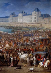 Pátio e bastardos. Detalhe direito de Luís XIV (1638-1715) atravessando a Pont Neuf em sua carruagem. Pintura de Adam Francois Van Der Meulen (1632-1690)