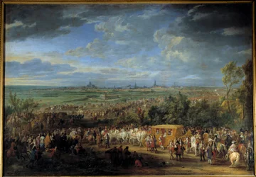 Entre du roi Louis XIV et de la reine Marie Therese le 30 juillet 1667 à Arras" Pintura de Adam Van Der Meulen (1632-1690) Sol do século XVII. 2,32 x 3,31 m