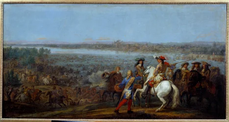 Guerra da Holanda: "a passagem do Reno em 12/06/1672" Os braços do Rei Luís XIV (1638-1715) e Luís II de Bourbon, Príncipe de Conde (Bourbon-Conde) (Grand Conde) (1621-1686) passam o Reno para Tolhuis. Pintura de Adam Frans van der Meulen (1632-90) M
