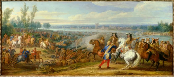 Guerra da Holanda: "a passagem do Reno em 12/06/1672" Os braços do Rei Luís XIV (1638-1715) e Luís II de Bourbon, Príncipe de Conde (Bourbon-Conde) (Grand Conde) (1621-1686) passam o Reno para Tolhuis. Pintura de Adam Frans van der Meulen (1632-1690)