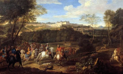 Rei Luís XIV (1638-1715) e a Corte caçando à vista do castelo de Meudon Pintura da escola de Adam Frans Van der Meulen (1632-1690) Sol do século XVII. 0,77x1,27