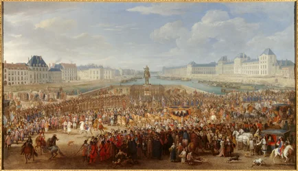 O rei Luís XIV (1638-1715) atravessando a Pont Neuf na sua carruagem