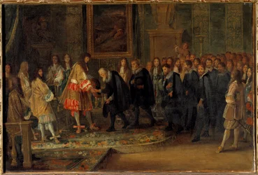 O rei Luís XIV recebe os embaixadores suíços no Louvre 11/11/1663 Pintura de Adam Van der Meulen (1632-1690) 1664 Sol. 0,44x0,66 m