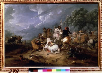 "" The Skirmish "" (Cavalry Skirmish) Pintura de Adam Frans van der Meulen (1632-1690) 1660 Museu Pushkin, Moscou