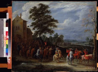 Regimento de Cavalaria passando por uma área (Regimento de Cavalaria entra em campo). Pintura de Adam Frans van der Meulen (1632-1690). Óleo sobre tela, 65 x 78,5 cm, arte flamenga, arte barroca. Museu do Extremo Oriente, Khabarovsk. ©FineArtImage/Leemage