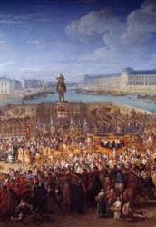 Carruagem real. Detalhe central de Luís XIV (1638-1715) atravessando a Pont Neuf em sua carruagem. Pintura de Adam Francois Van Der Meulen (1632-1690)