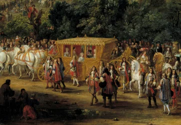 Calções e cortejo. Detalhe de "A entrada a Arras por Luís XIV e Marie Therese em 30 de julho