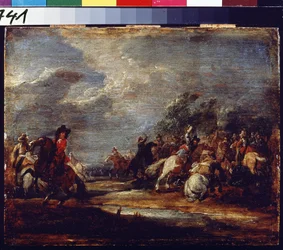 Uma batalha. Uma batalha. Pintura de Adam Frans van der Meulen (1632-1690), ca. 1660. Óleo sobre madeira. Arte flamenga, estilo barroco. Pushkin Museum of Fine Arts, Moscovo
