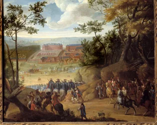 Vista de Versalhes em 1664 com o Rei da França Luís XIV (1638-1715) e uma companhia de Mosqueteiros. Pintura de Adams Frans Van der Meulen (1632-1690)