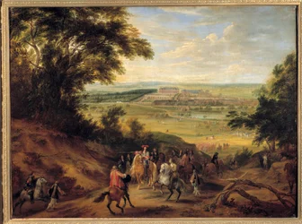 Vista do castelo de Versalhes, tomado das alturas de Satory Louis XIV (1638-1715) dando as suas ordens ao oficial de caça, em vista do castelo de Versalhes, nas alturas de Satory. Pintura de Adam Frans van der Meulen (1632-1690). 1664 S
