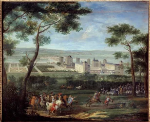 Vista do castelo de Vincennes por volta de 1660: Rei da França Luís XIV (1638-1715) e Marie-Therese da Áustria (1638-1683) estão em primeiro plano Pintura de Adam Van Der Meulen (1632-1690) 1660 Dim. 1,10 x 1,35 m Paris, Musee Carnavalet