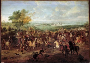 Passeio de coche do Rei Luís XIV (1638-1715), Rainha Marie Therese da Áustria, Dauphin Louis e Dauphine em frente ao Castelo de Clagny em Versalhes Pintura de Adam van der Meulen (1632-1690) Por volta de 1680 Sol. 1,4x1,9