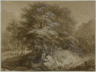 Bosque sombrio com ninfa sentada debaixo de uma árvore