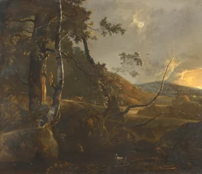 Uma paisagem arborizada com um pastor em um caminho e uma cabra solitária