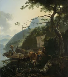 Barqueiros atracados na margem de um lago italiano, 1650-70