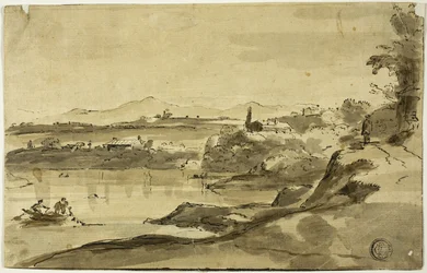 Paisagem com pescador no lago