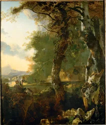 Paisagem com árvores e pastores (óleo sobre tela)